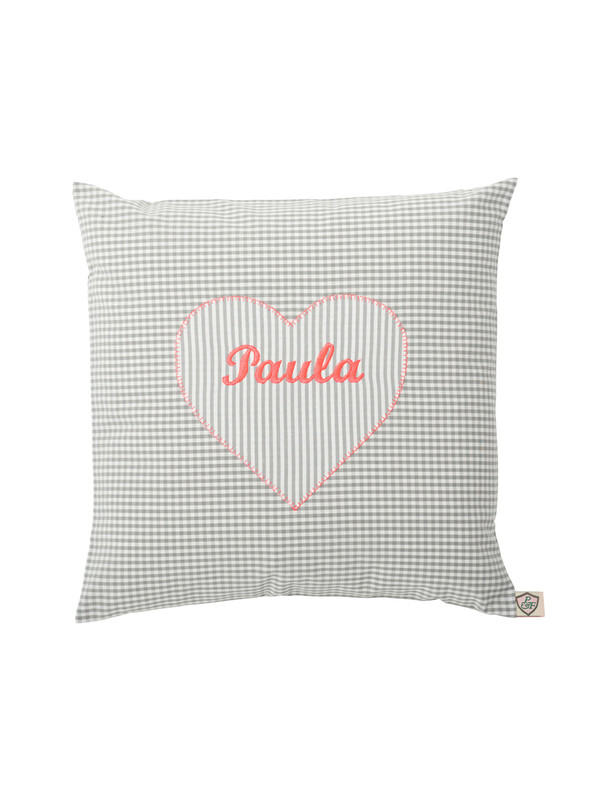 Kissen personalisiert VICHY hellgrau - ⚡NEON pink 💕Herz