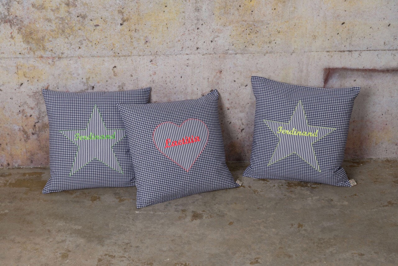 Kissen personalisiert VICHY dunkelblau - ⚡NEON grün ⭐Stern