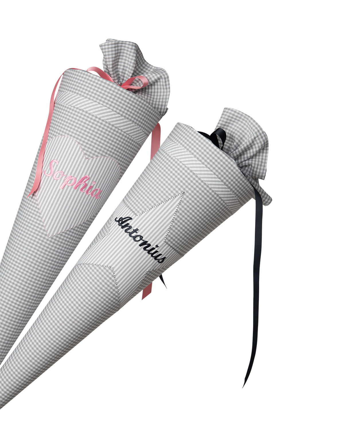 Schultüte ⭐VICHY hellgrau - dunkelblau, personalisiert