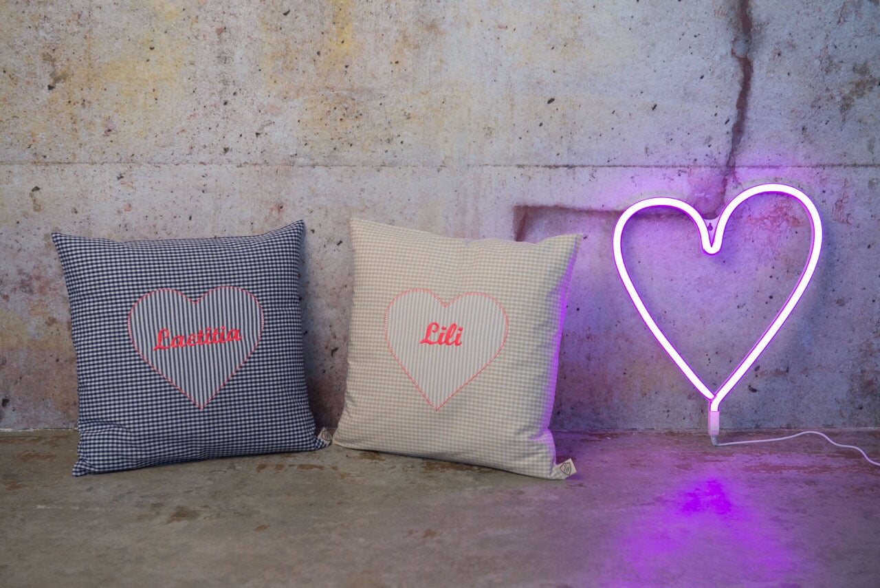 Kissen personalisiert VICHY dunkelblau - ⚡NEON pink 💕Herz